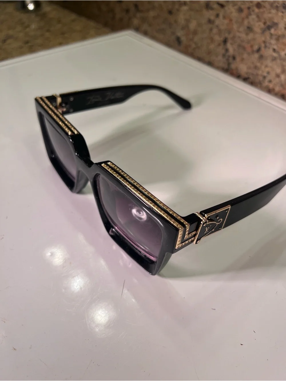 Unisex Louis Vuitton Eyeglasses Black Frame with Gold Accent Chain Detail